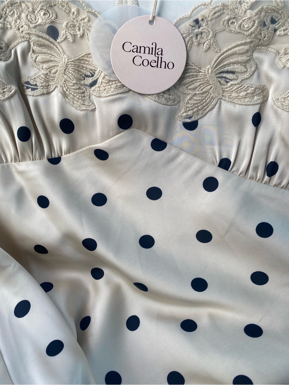 Camila Coelho Cream Satin Polka Dot and lace dress - Picture 4 of 6